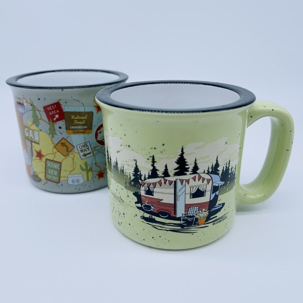 Camp Casual Ceramic Retro Trailer Camping Travel 66 Ceramic 15oz Mugs Cups Lot 2